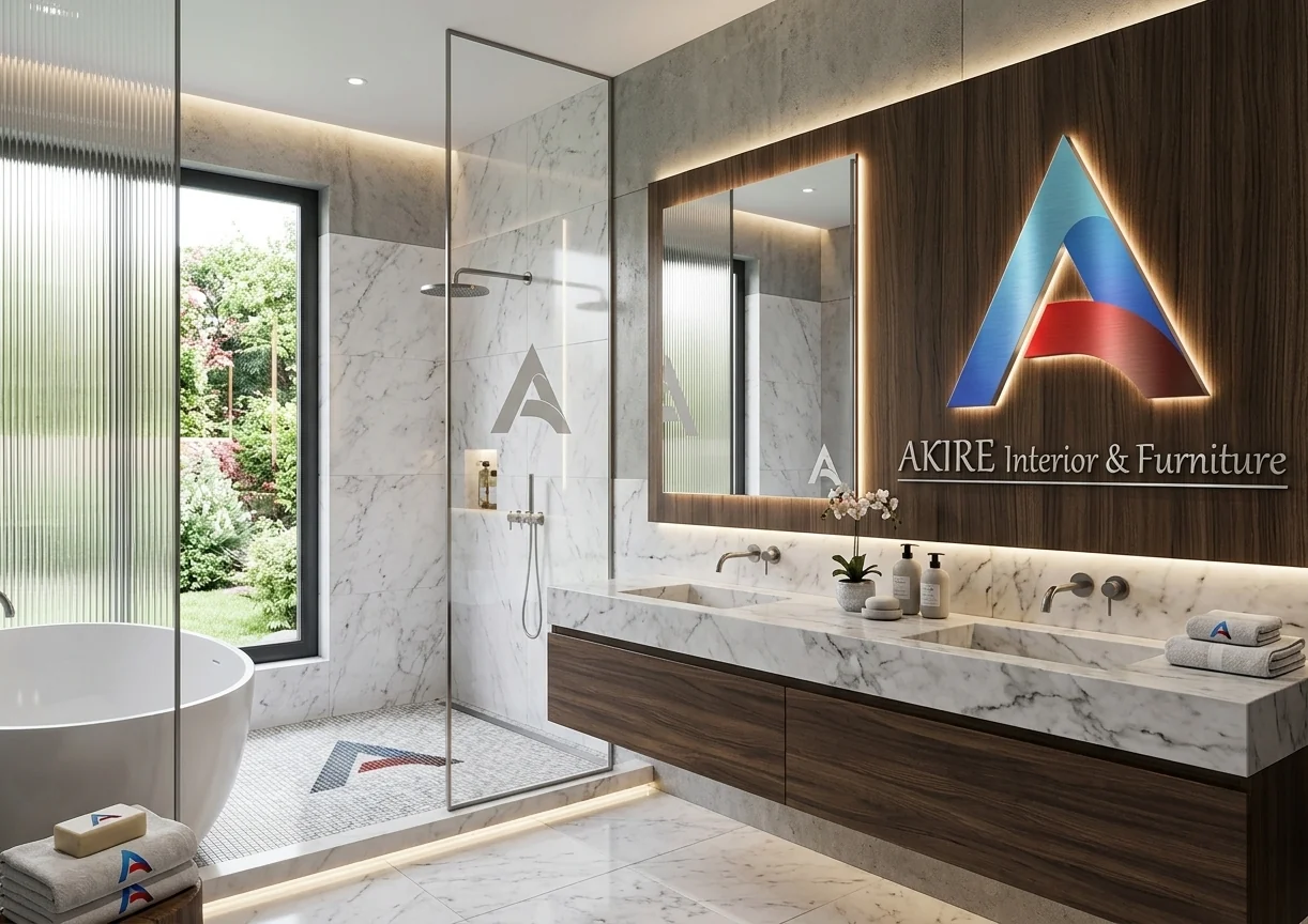 Bathroom dengan vanity kayu dan finishing batu