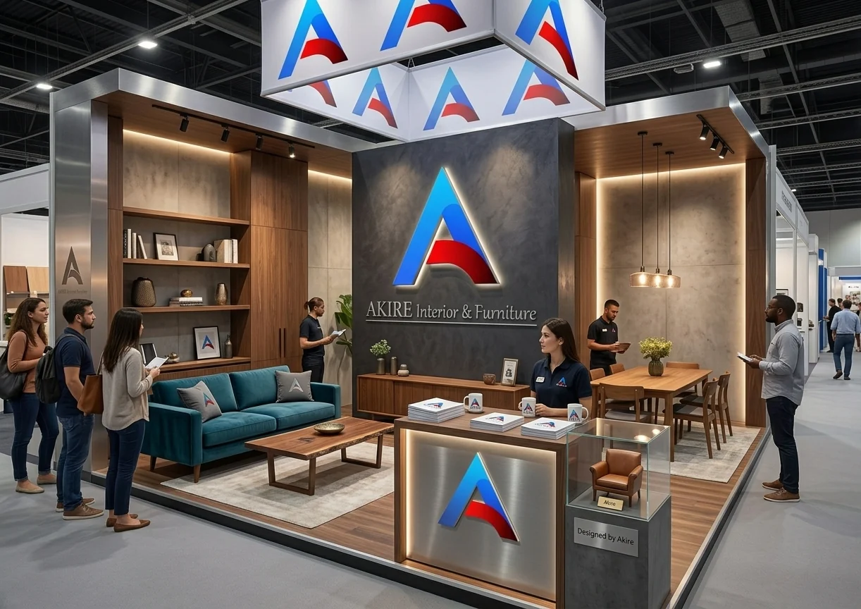 Booth exhibition AKIRE dengan area display dan meeting