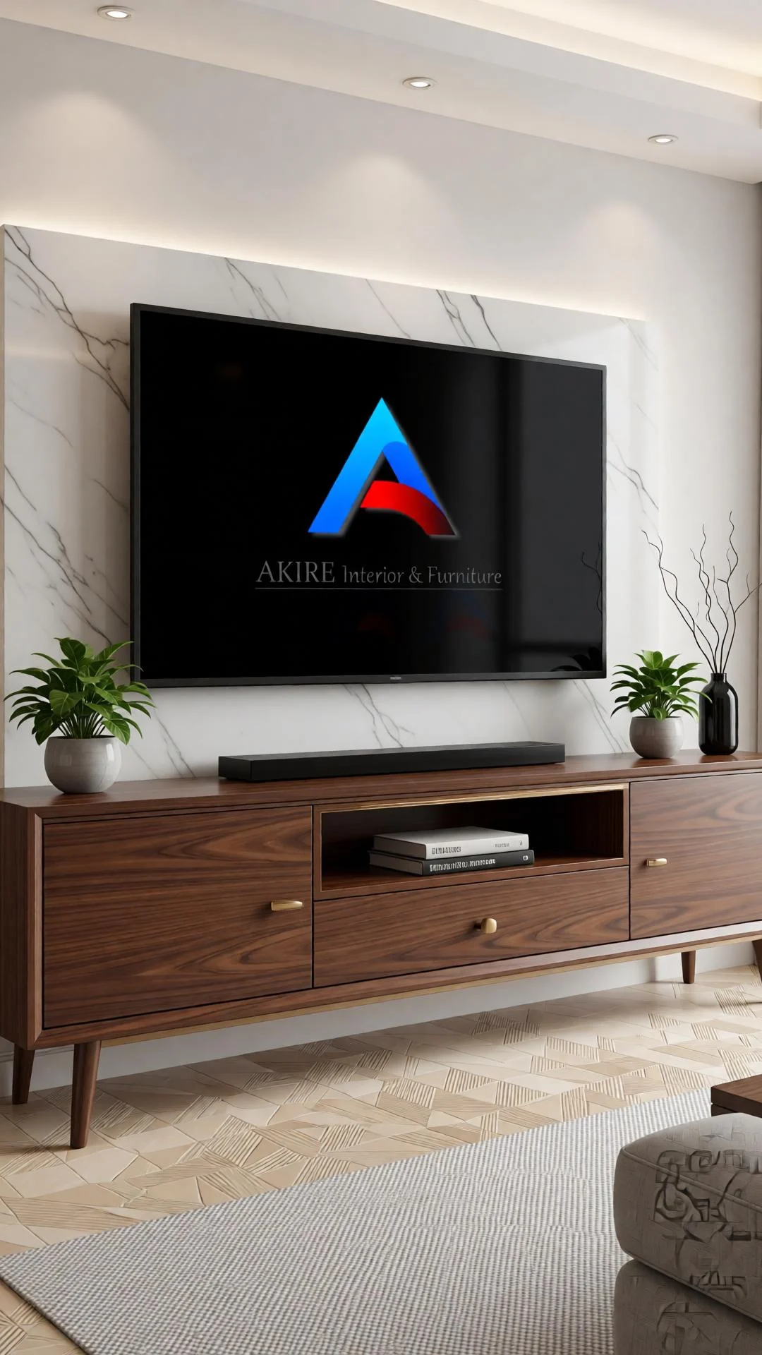 Detail living room dengan TV wall dan kabinet kayu
