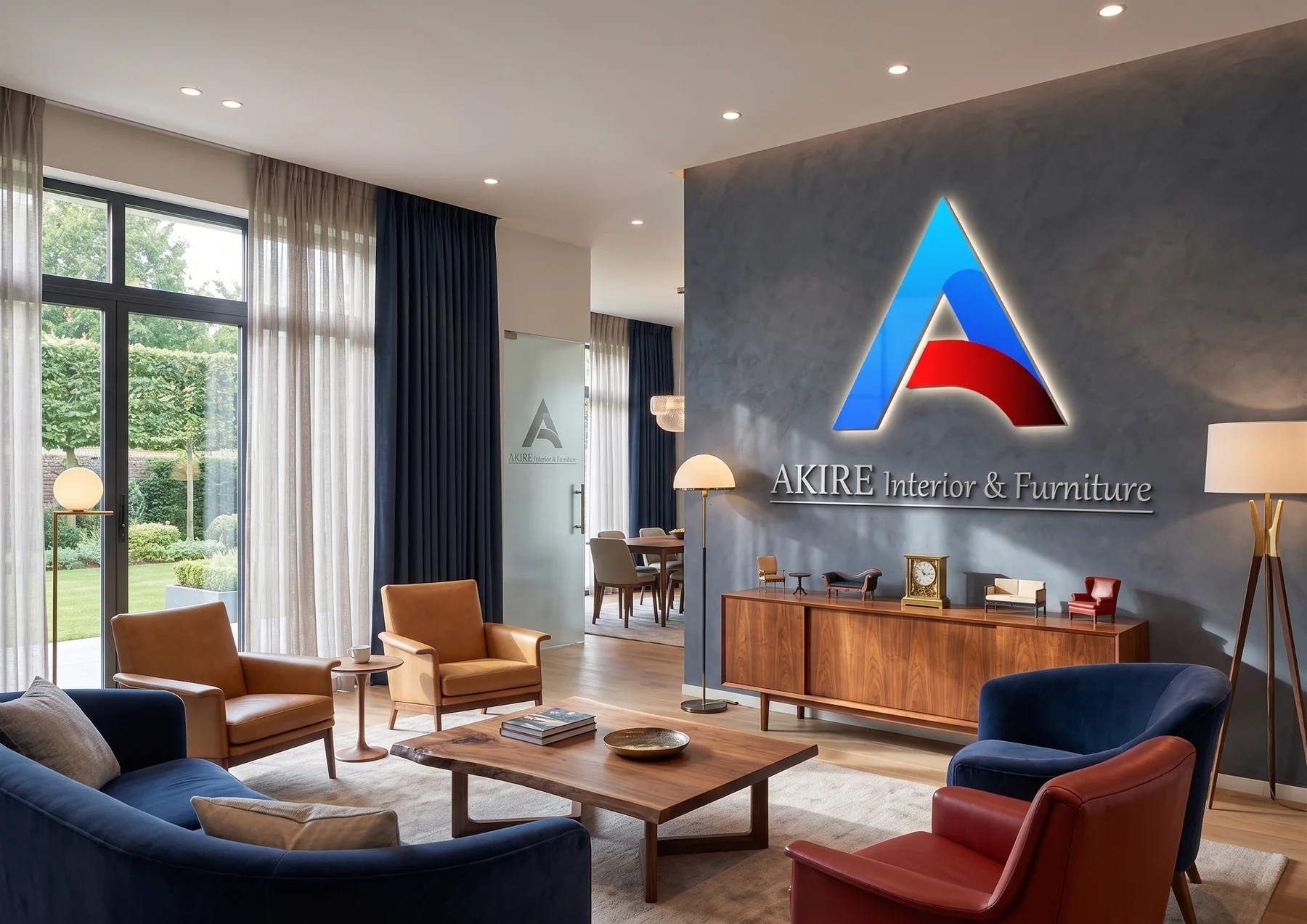 Interior area lounge kantor dengan finishing kayu dan jendela besar