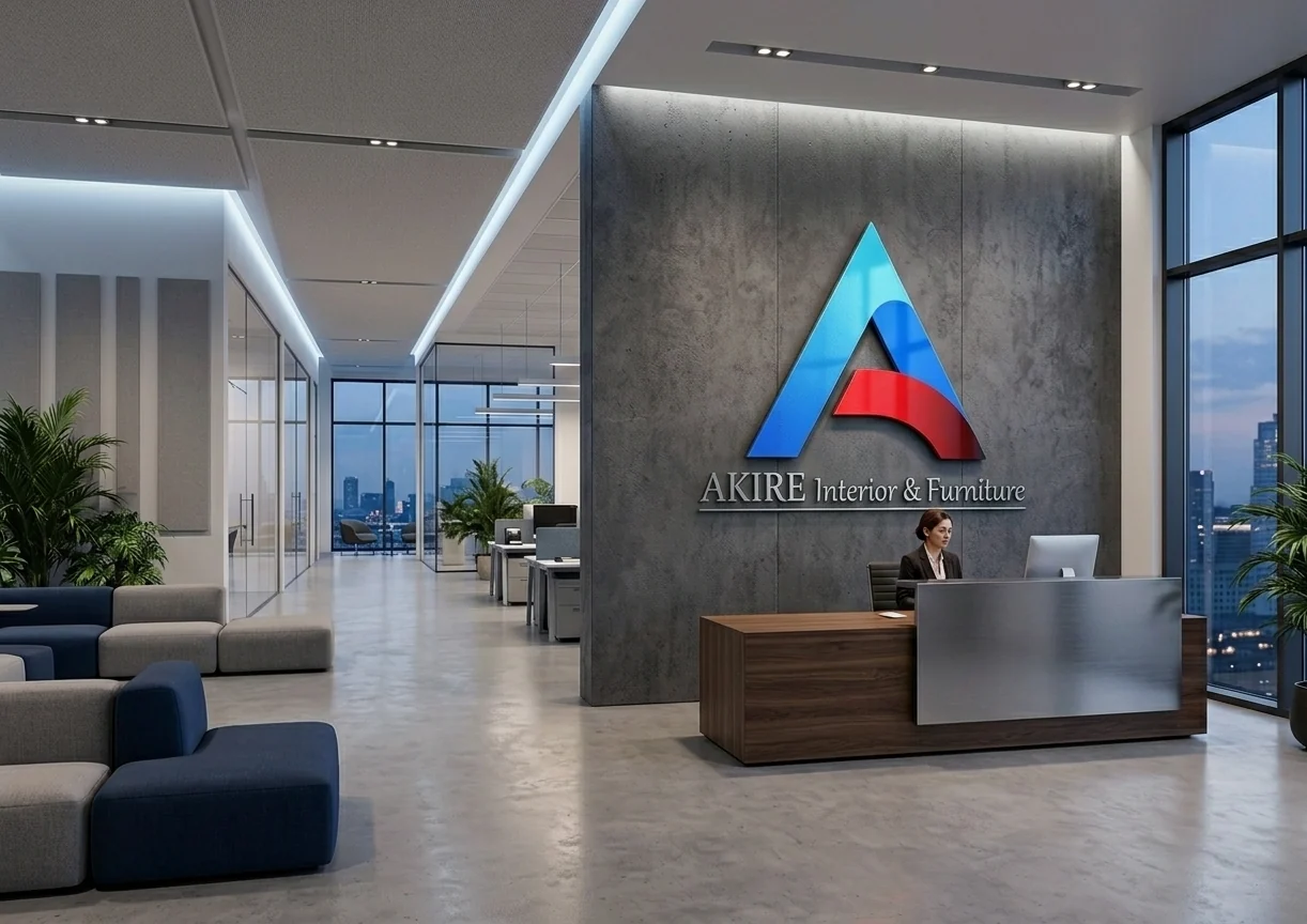 Area kantor modern dengan meja resepsionis dan identitas AKIRE